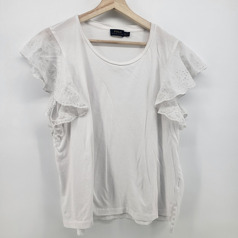 Polo Ralph Lauren White Ruffle Sleeve Top, Womens XL XLarge, Eyelet